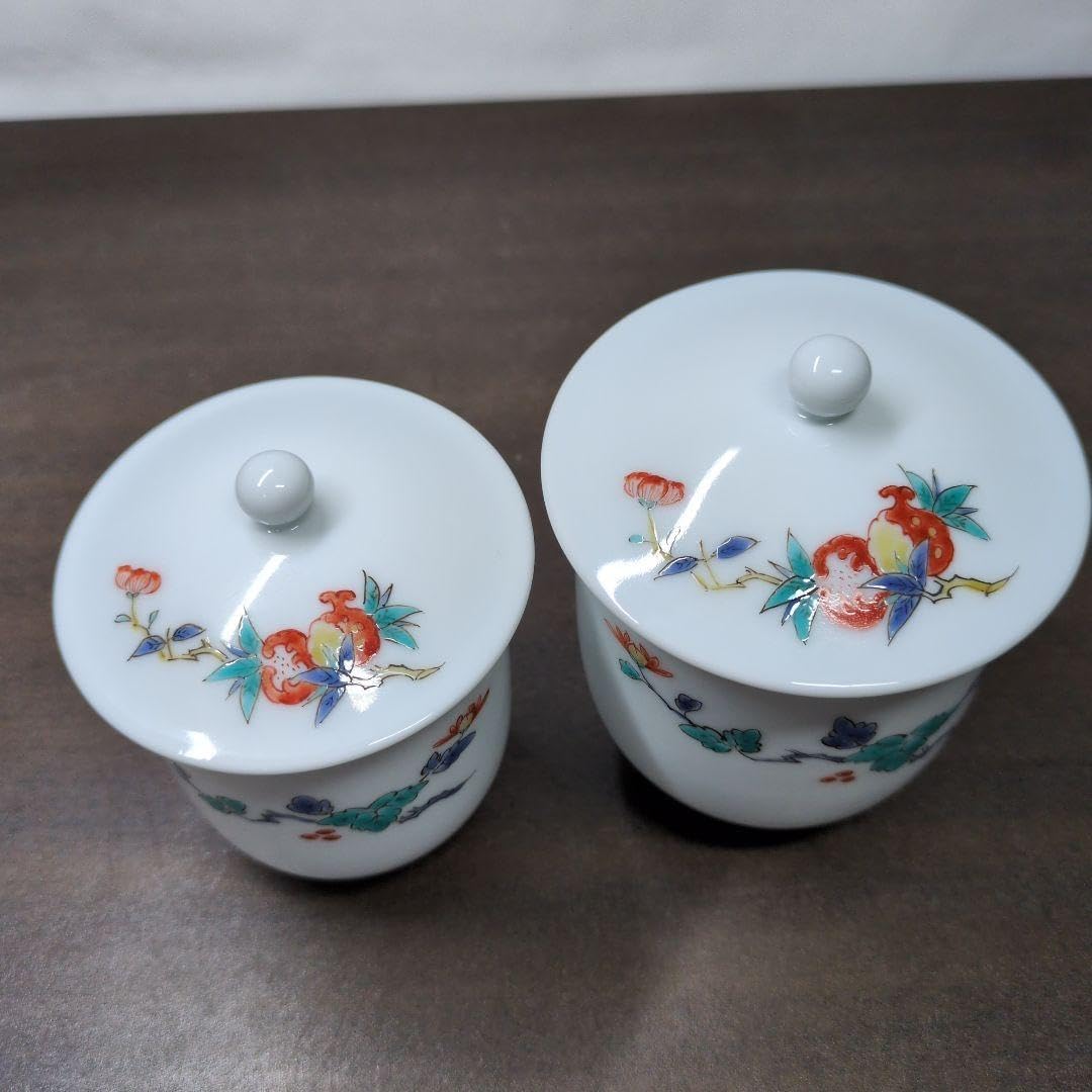 十三代 酒井田柿右衛門 作 錦 花実文 蓋付き 夫婦 湯呑 共箱 柿